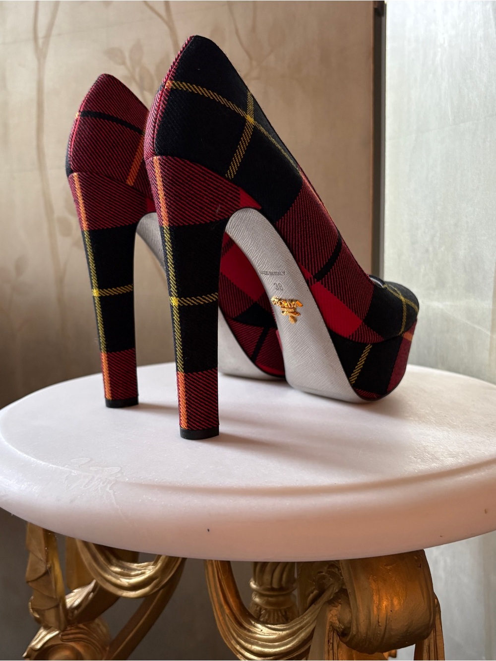 Prada Plaid Red & Black Wool Platform Pumps — IT 38 / US 8 - Picture 2 of 3